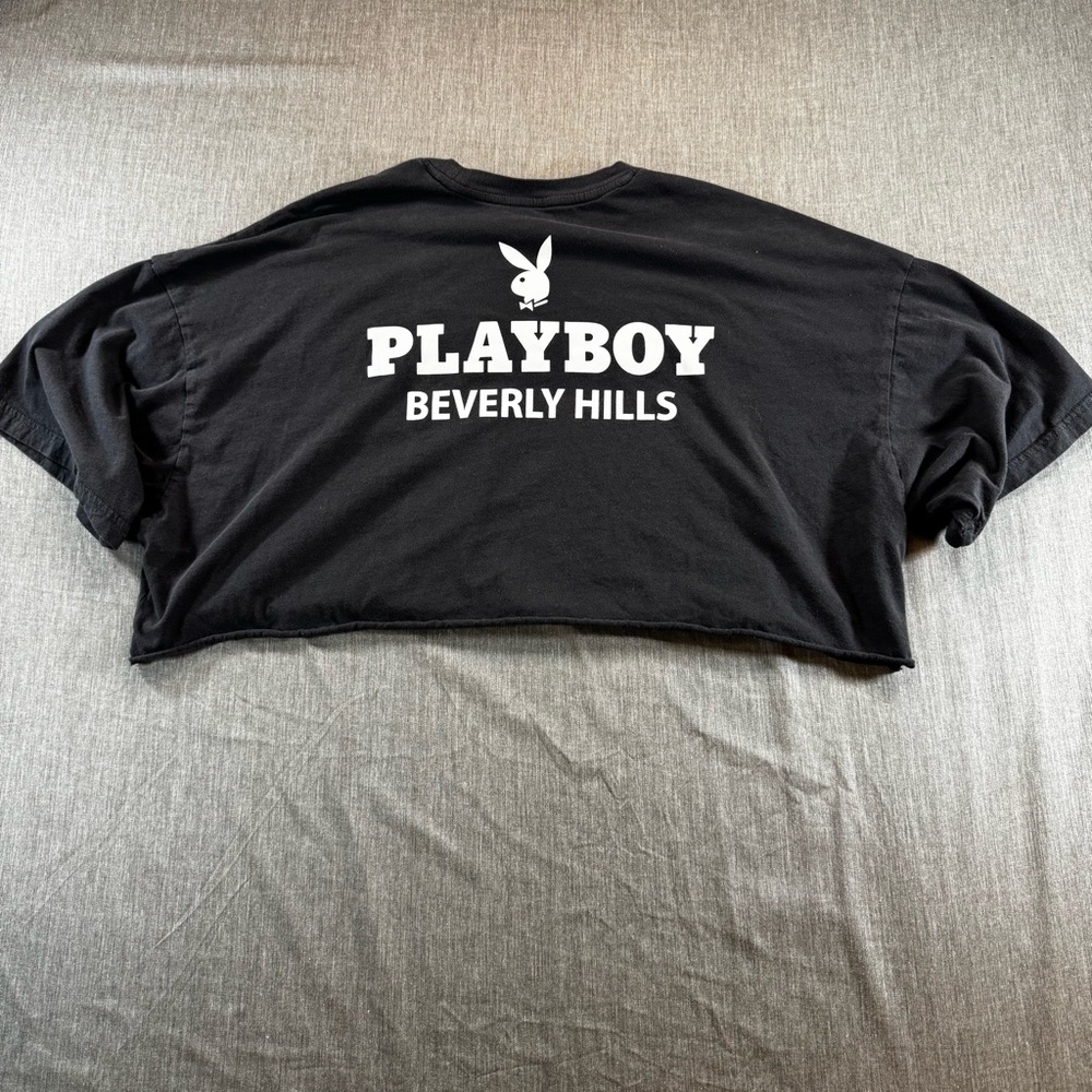 Playboy By Pacsun One Size Crop Cut T-shirt Gray Grey Logo Beverly Hills Bunny